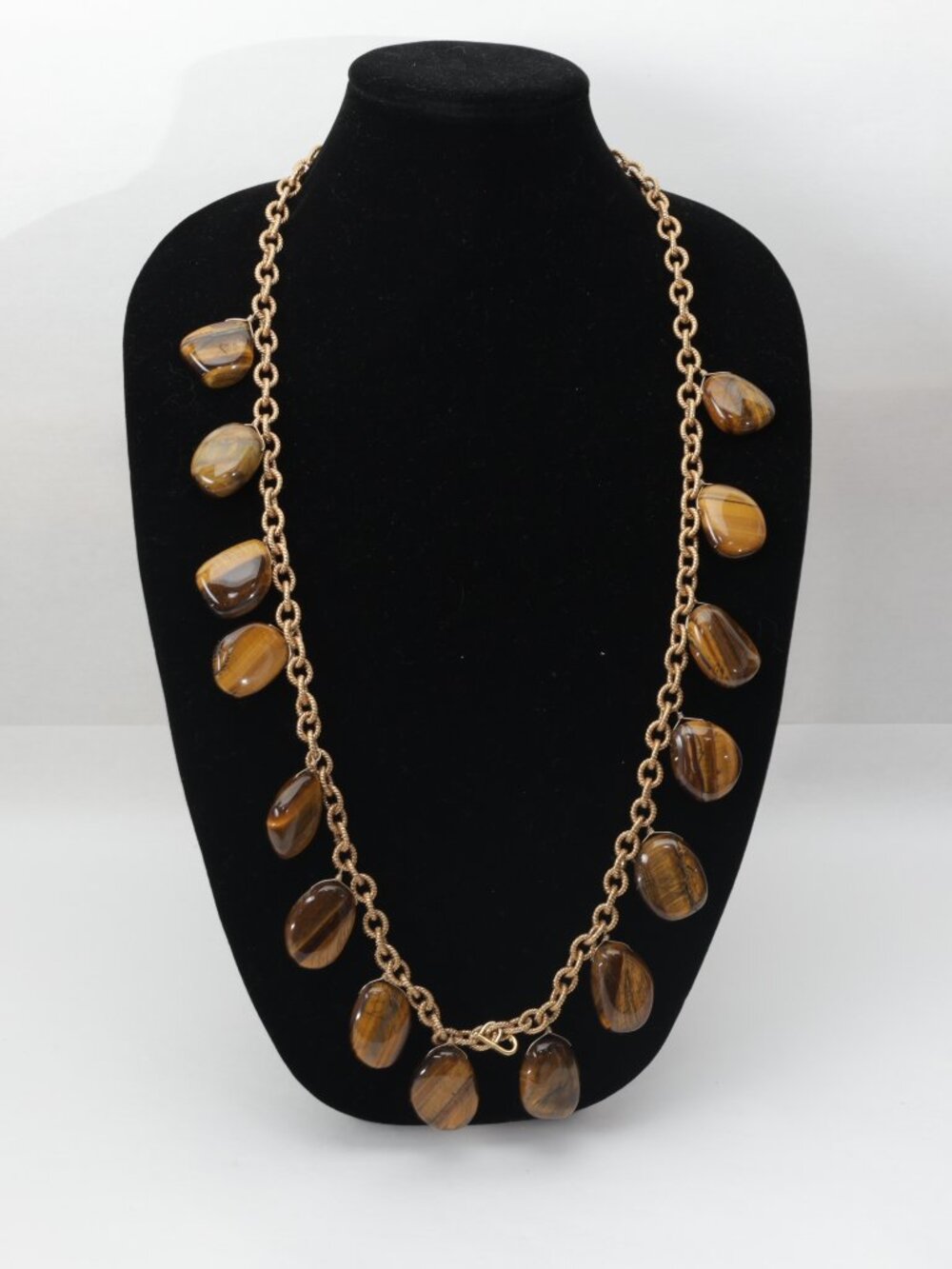 Vintage long genuine tiger's eye natural stone necklace on gold tone chain heavy